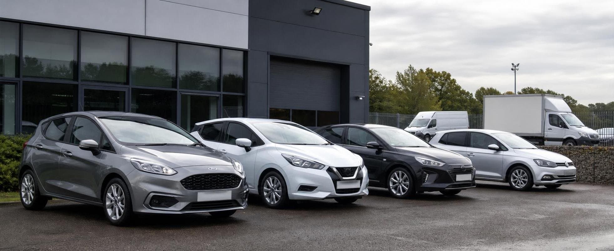 Line of modern compact hire cars at a Wakefield vehicle hire depot with wider fleet vehicles in the background