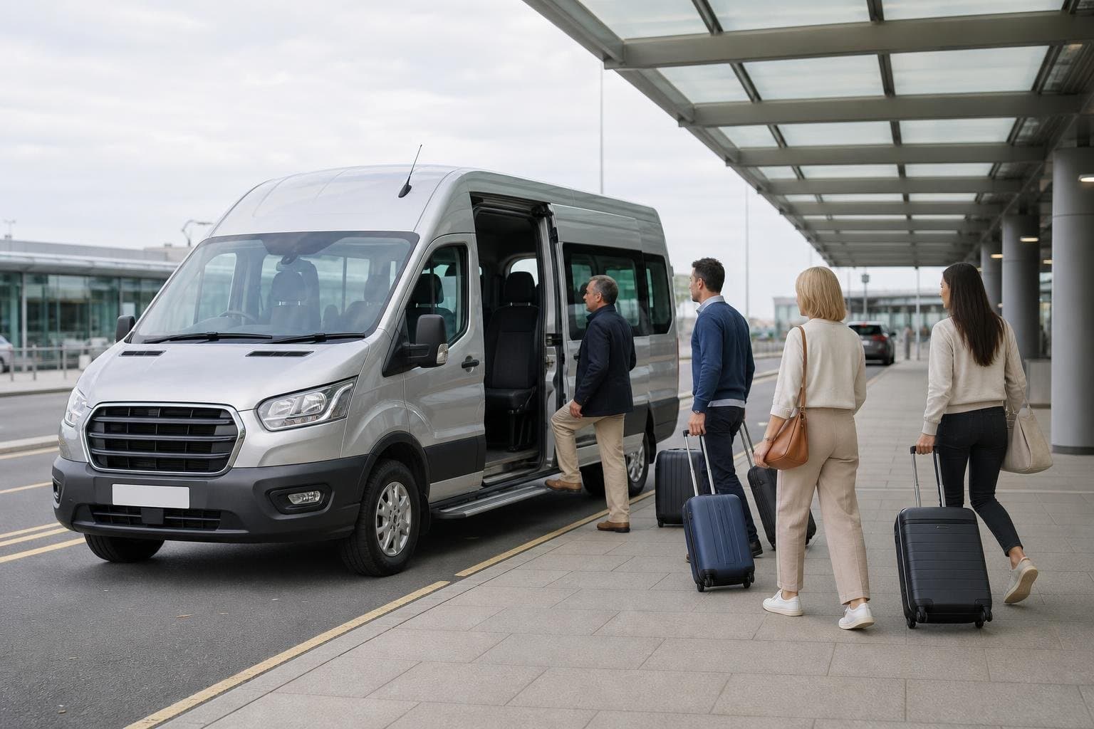 Modern minibus collecting a small group with luggage at an airport-style pickup area