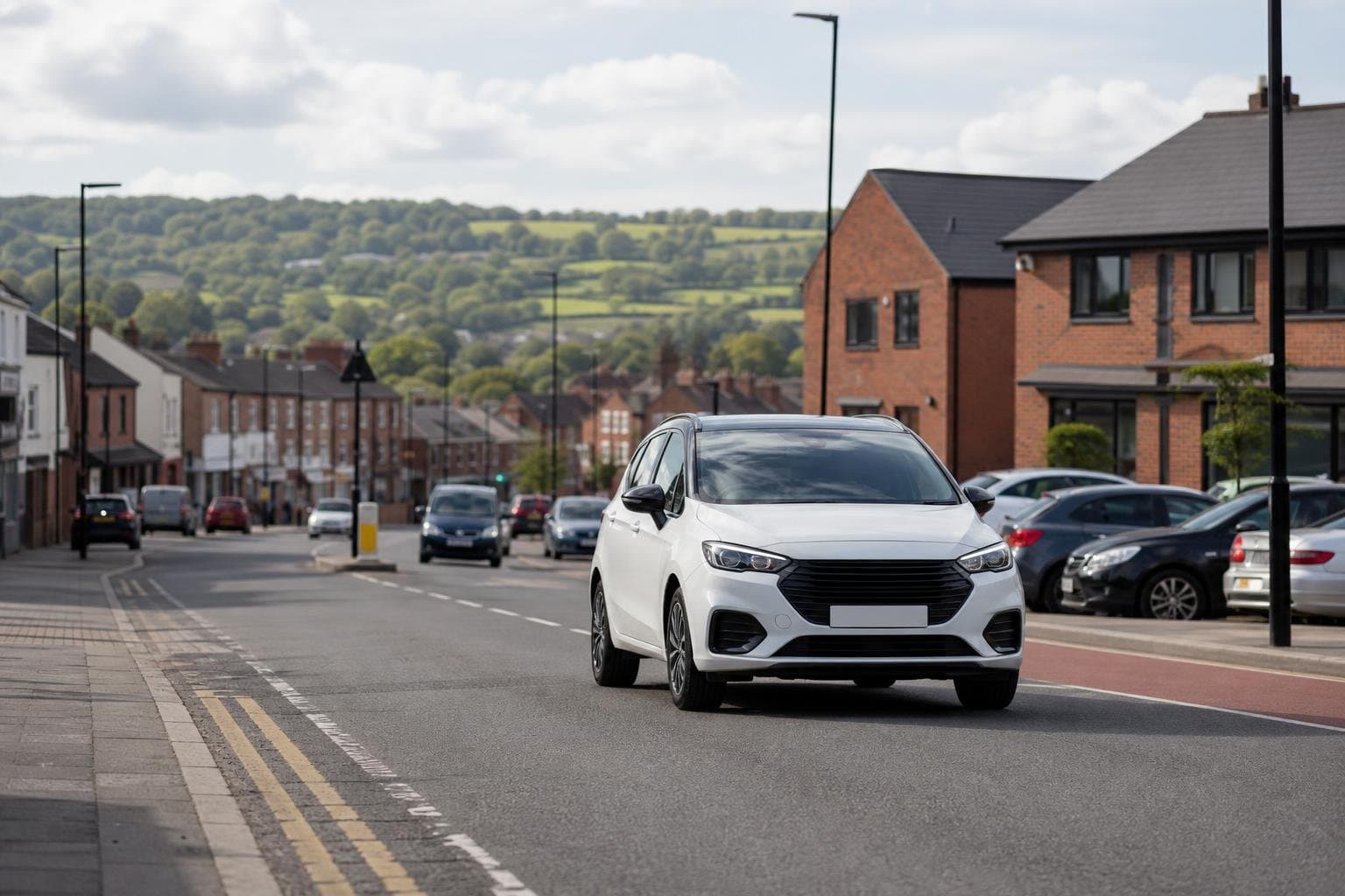 Compact hire car on a suburban regional road suitable for local travel around Batley