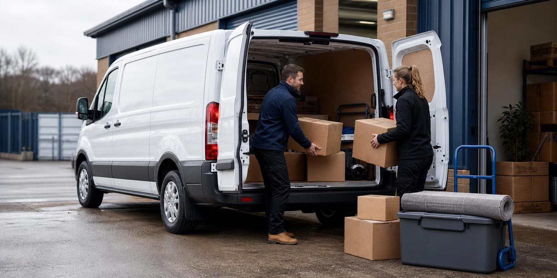 Medium panel van being loaded outside a business unit for practical day hire use